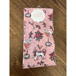 Cat Cocktail Martini Kitchen Towels Set Of 3 Cotton Pink Floral